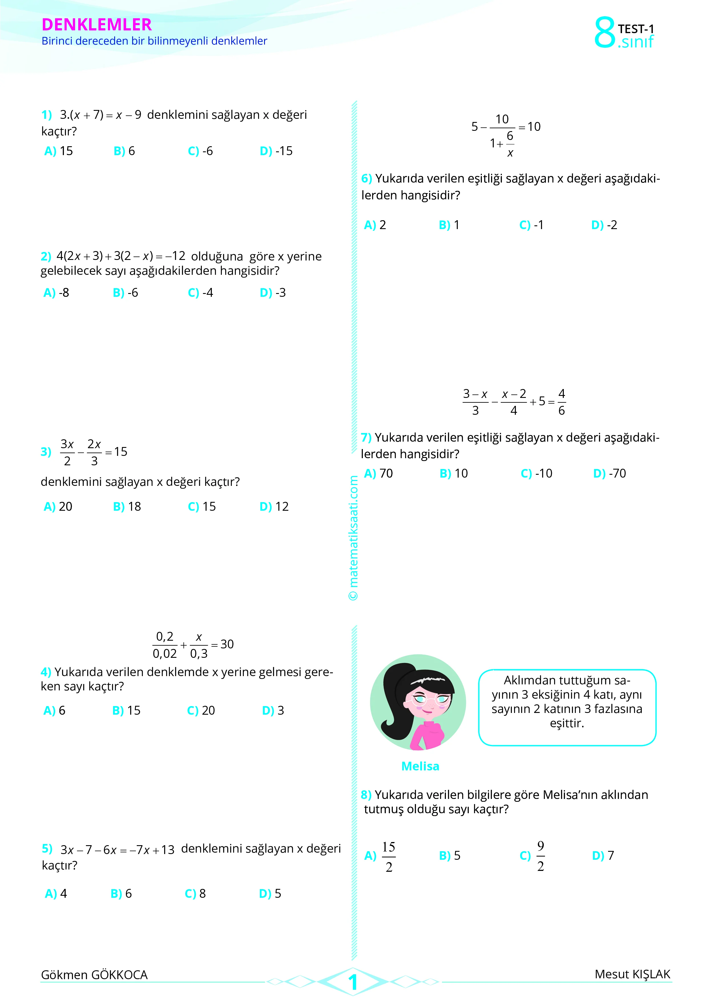 8. Sınıf Bir Bilinmeyenli Denklemler – 1