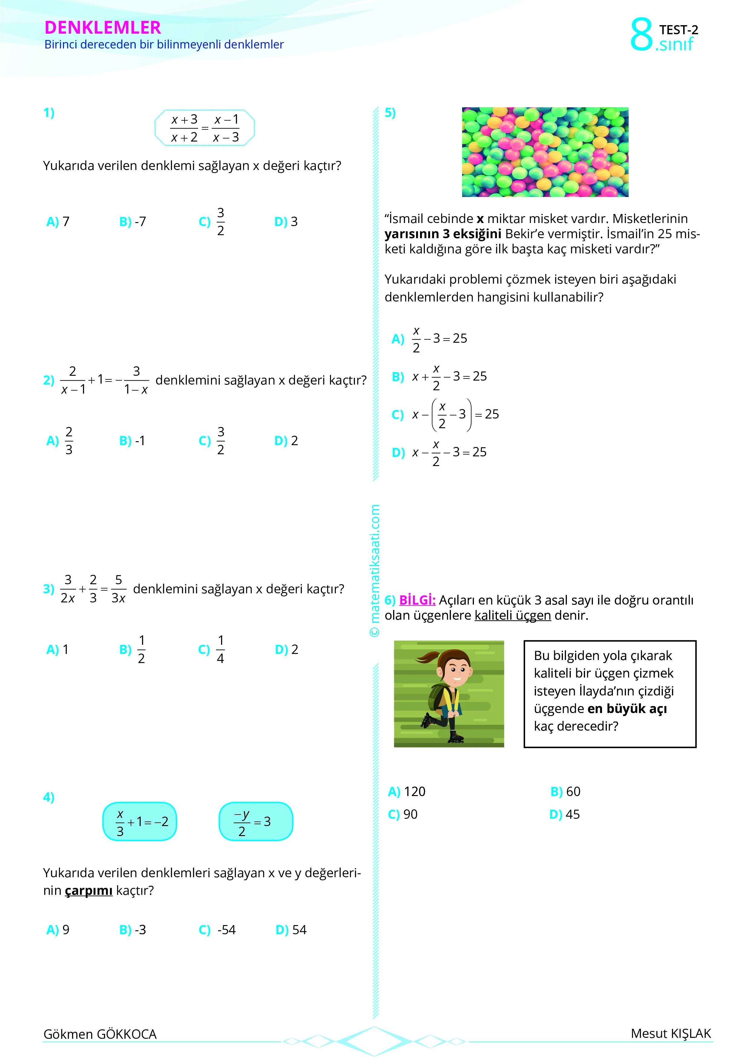 8. Sınıf Bir Bilinmeyenli Denklemler Yaprak Test – 2