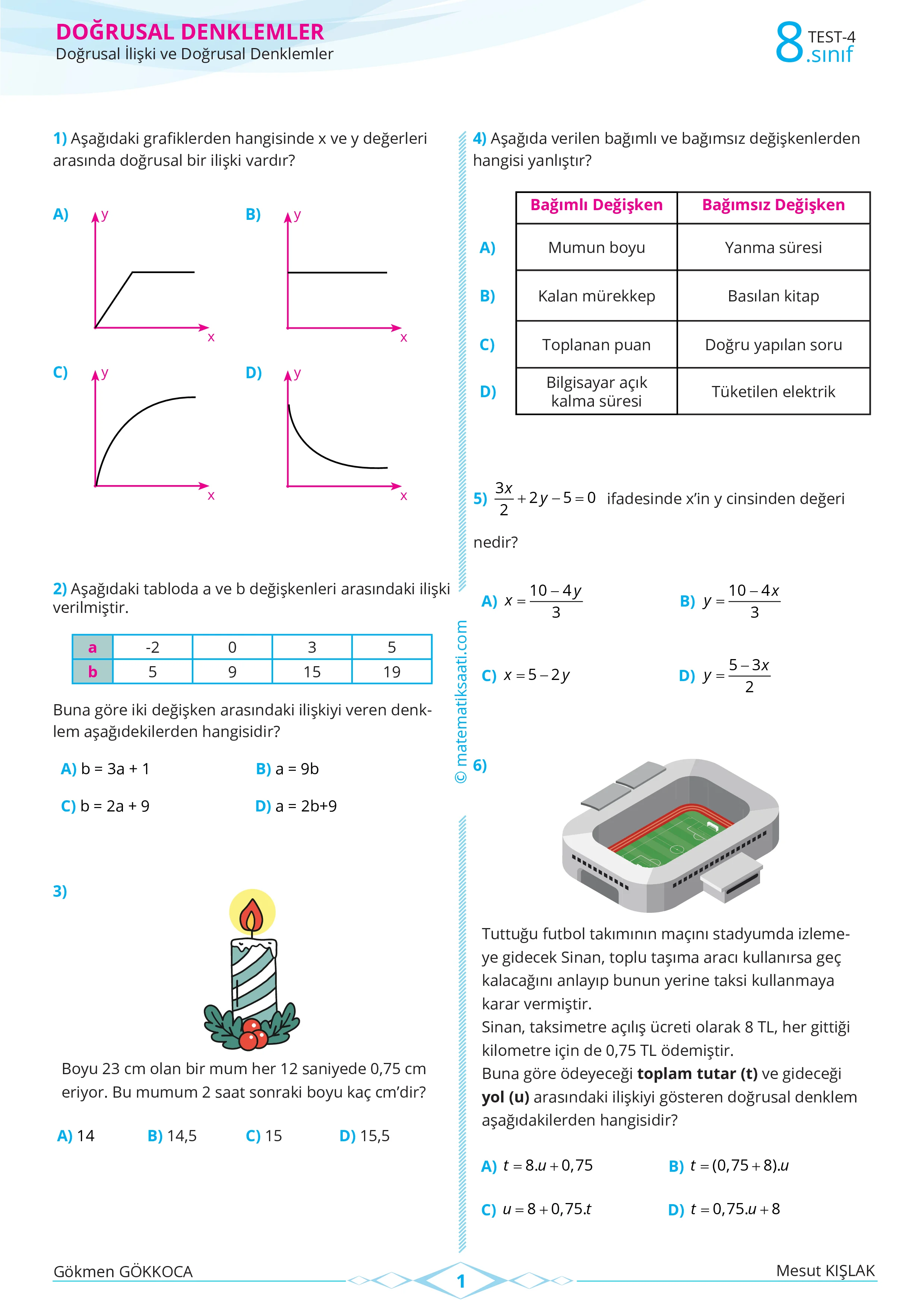 8. Sınıf Doğrusal İlişkiler Test - 1