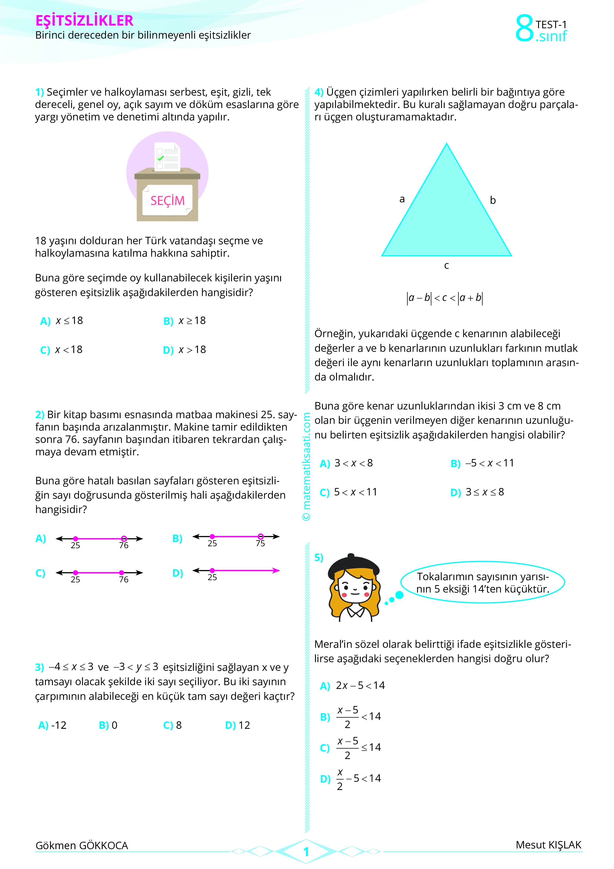 8. Sınıf Eşitsizlikler Yaprak Test – 1