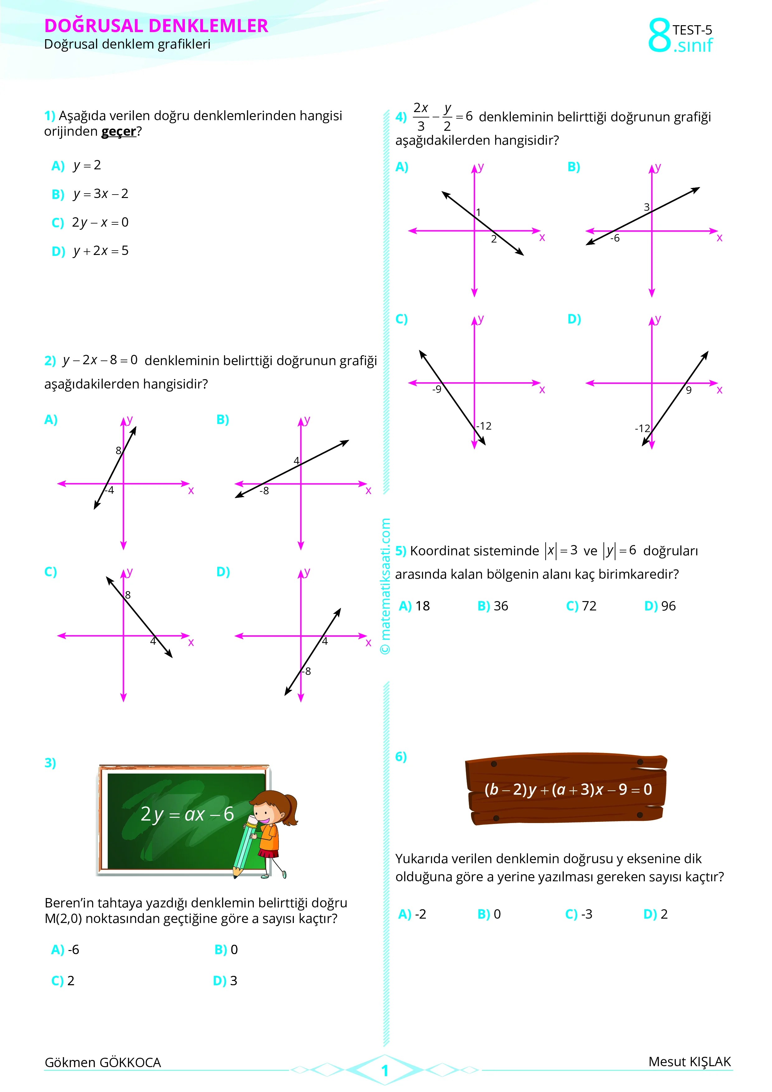 Doğrusal Denklem Grafikleri Yaprak Test – 1