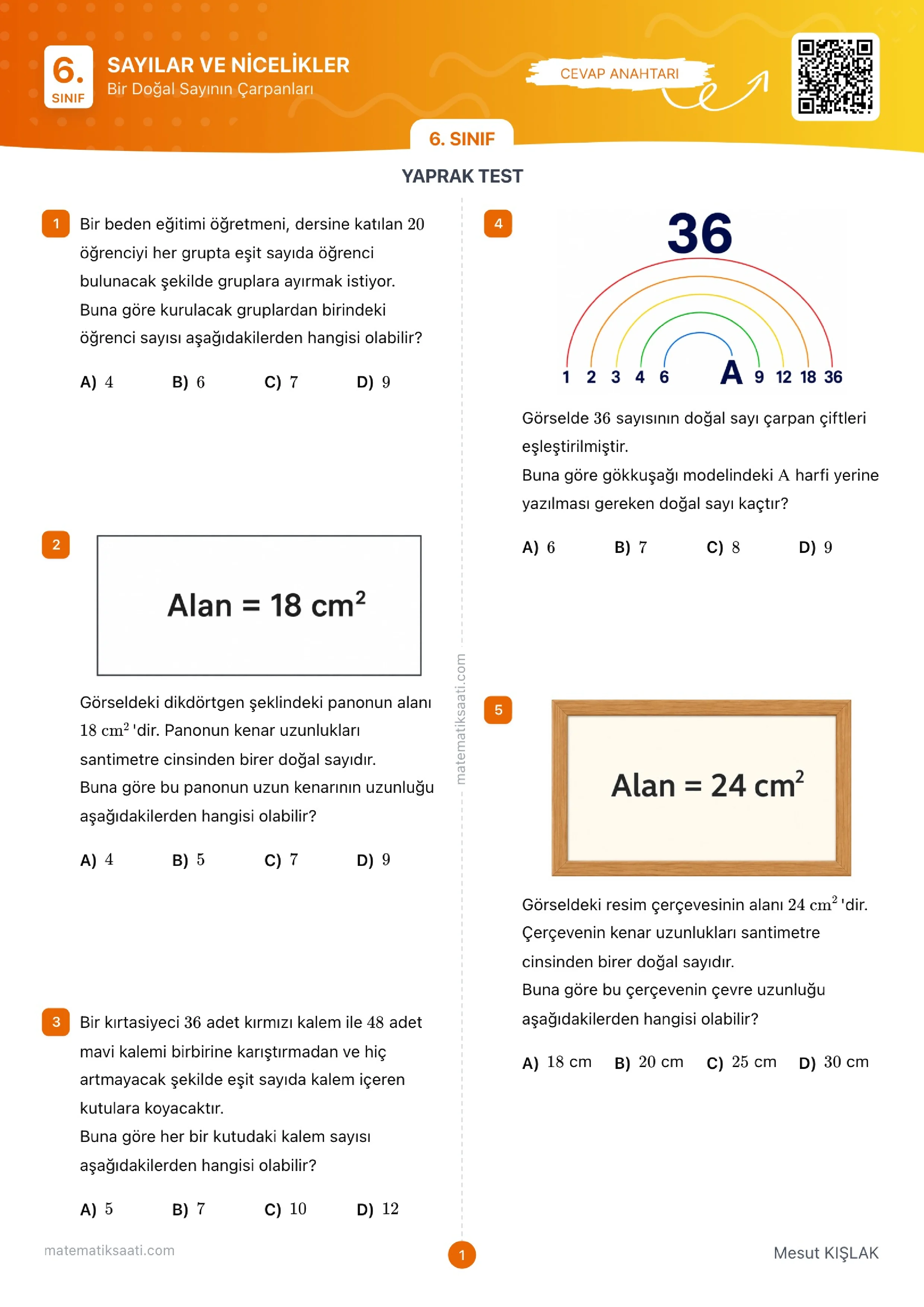 Bir Doğal Sayının Çarpanları Yaprak Test