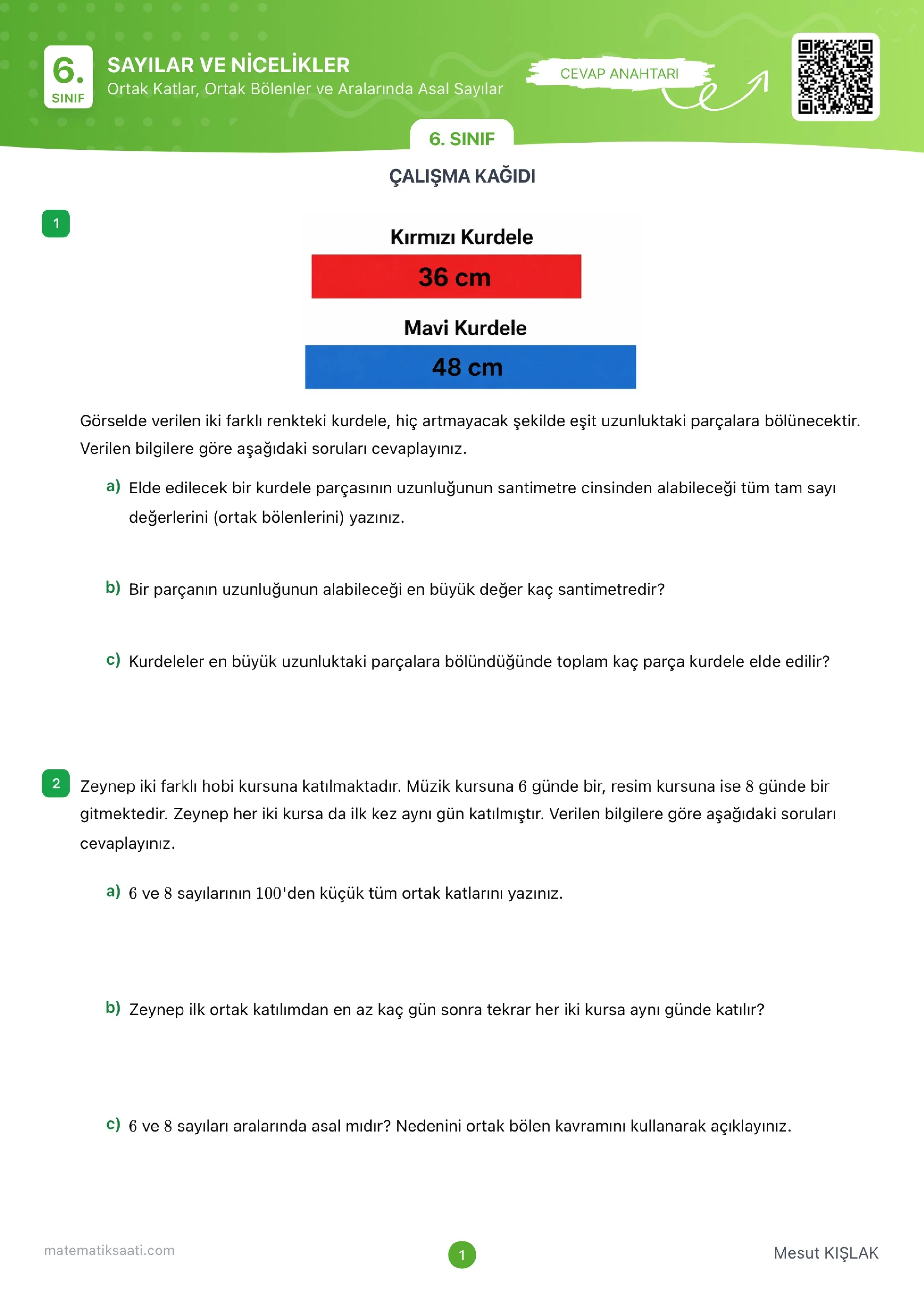 Ortak Katlar, Bölenler ve Aralarında Asal Sayılar Çalışma Kağıdı