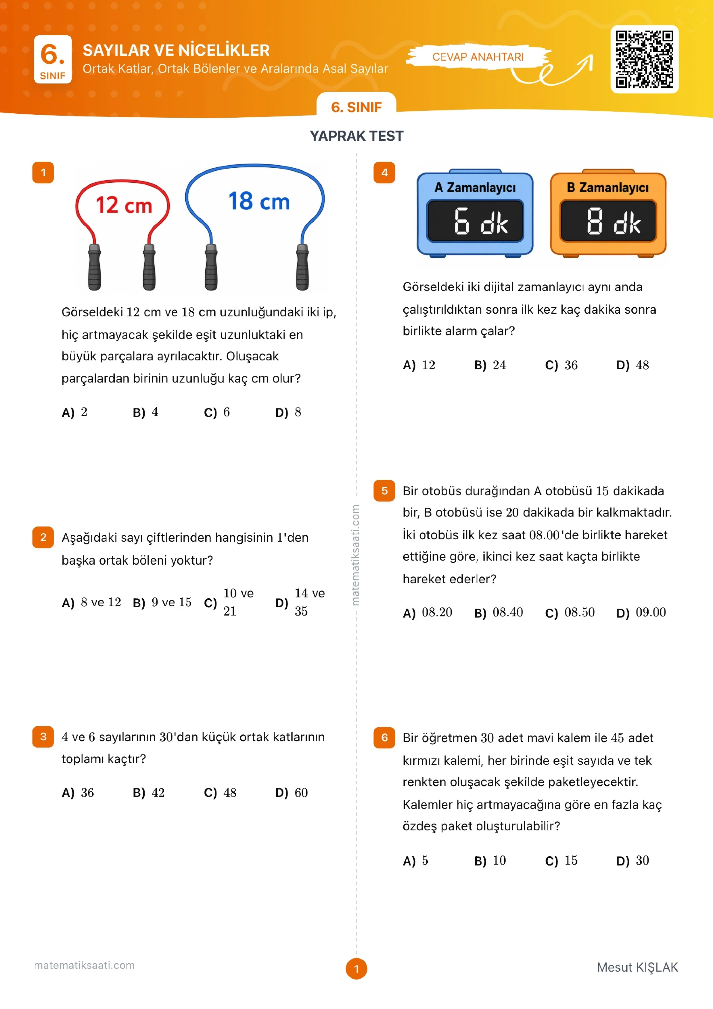 Ortak Katlar, Bölenler ve Aralarında Asal Sayılar Yaprak Test