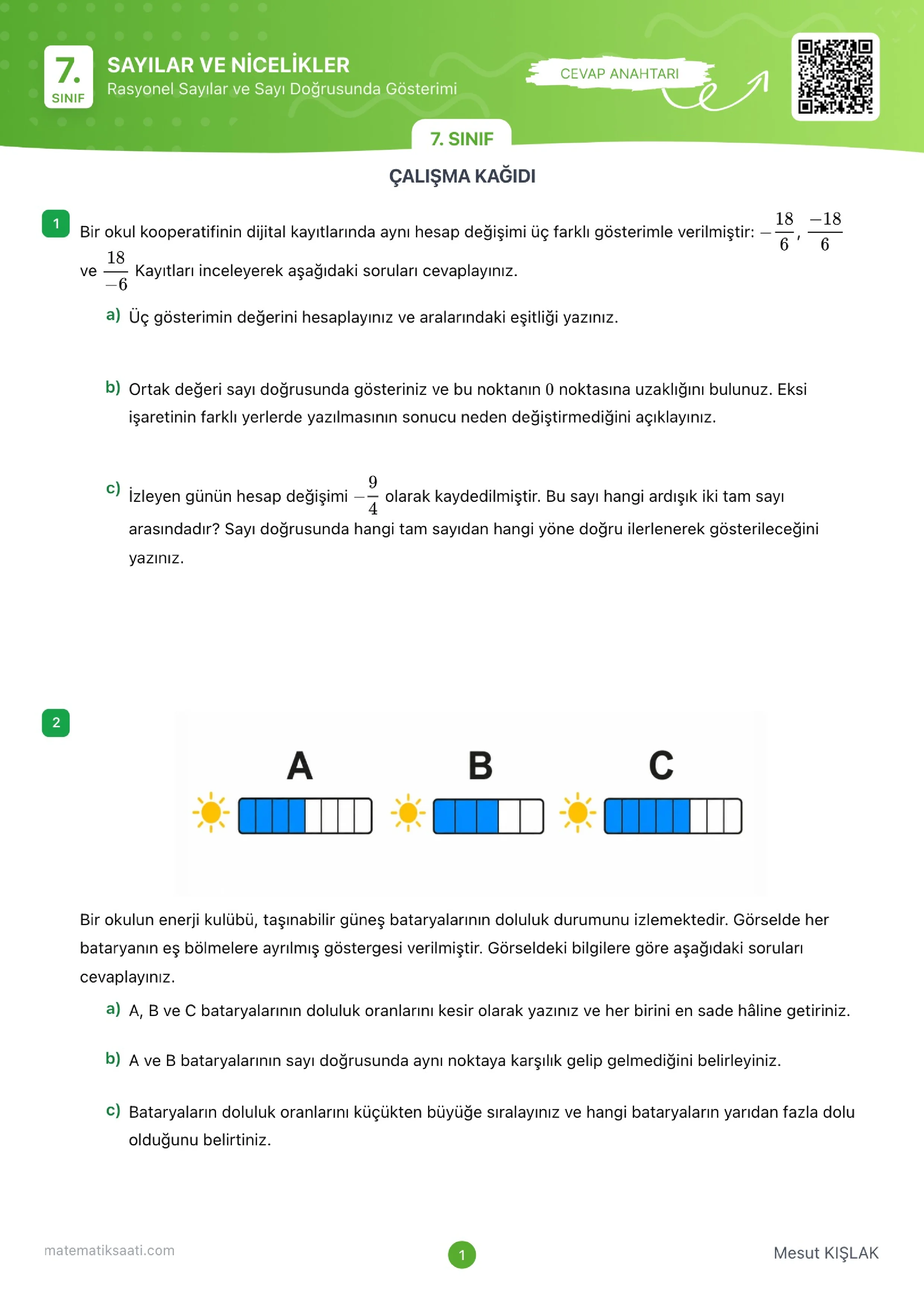 Rasyonel Sayılar ve Sayı Doğrusunda Gösterimi Çalışma Kağıdı
