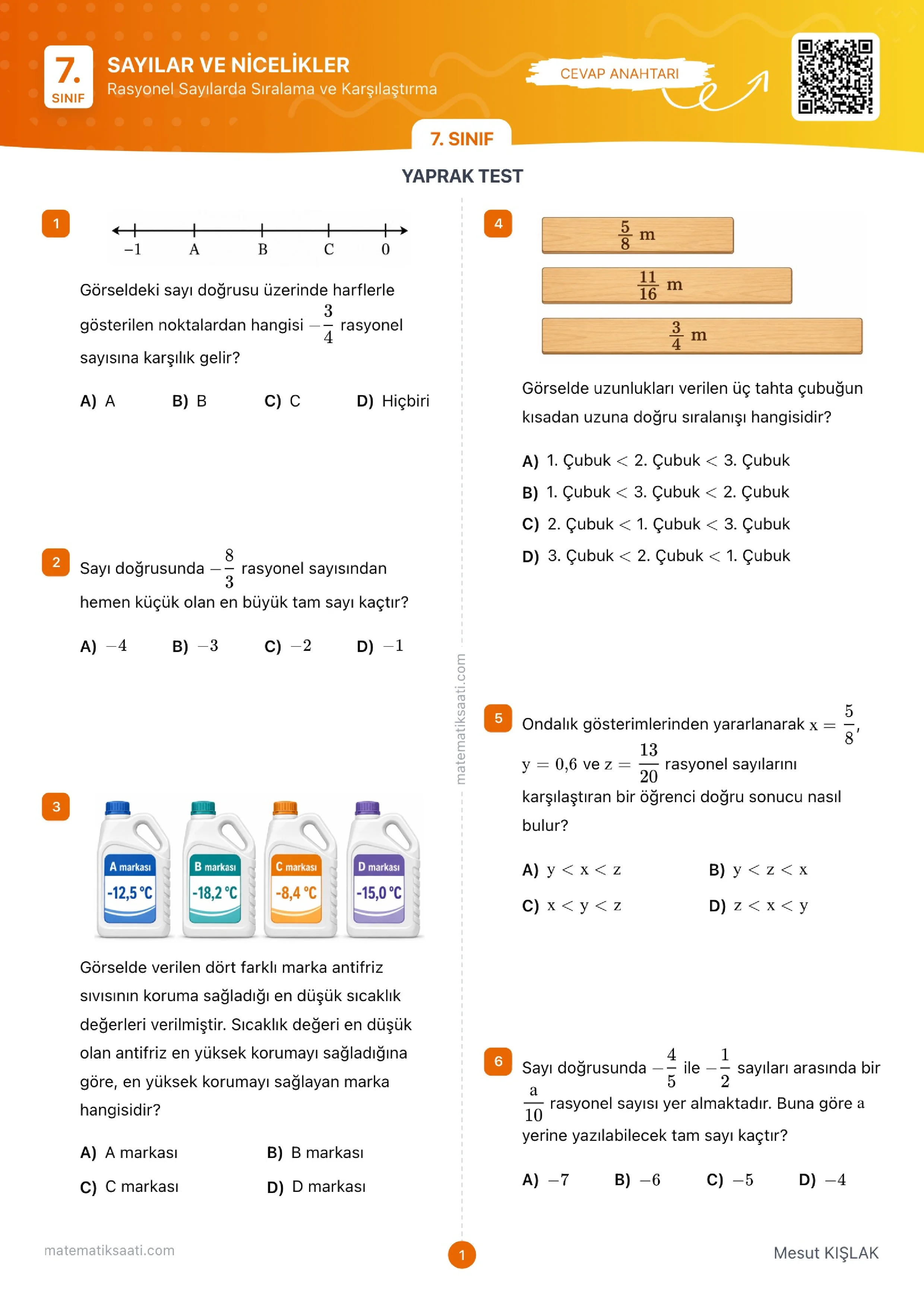 Rasyonel Sayılarda Sıralama ve Karşılaştırma Yaprak Test