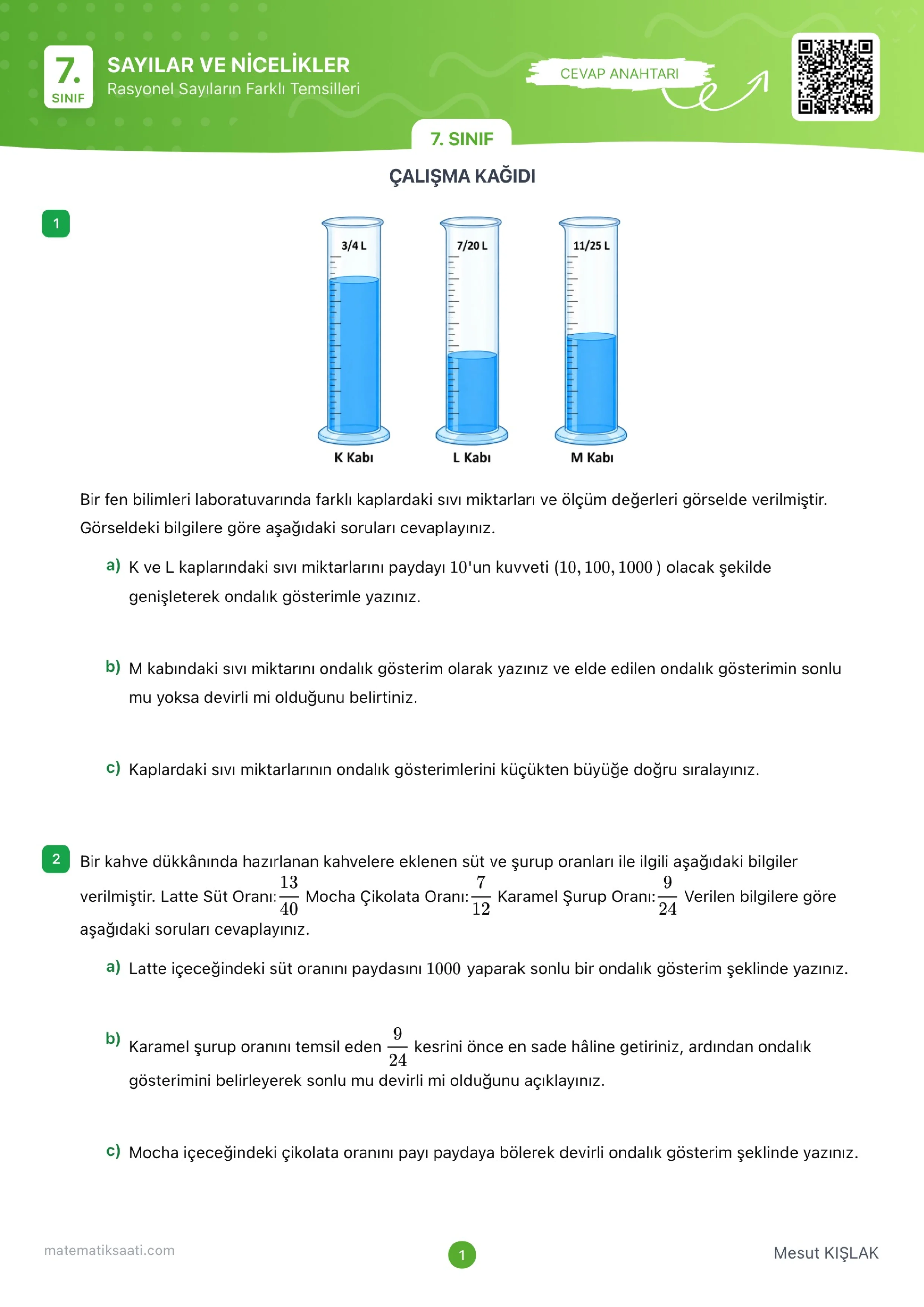 Rasyonel Sayıların Farklı Gösterimleri Çalışma Kağıdı