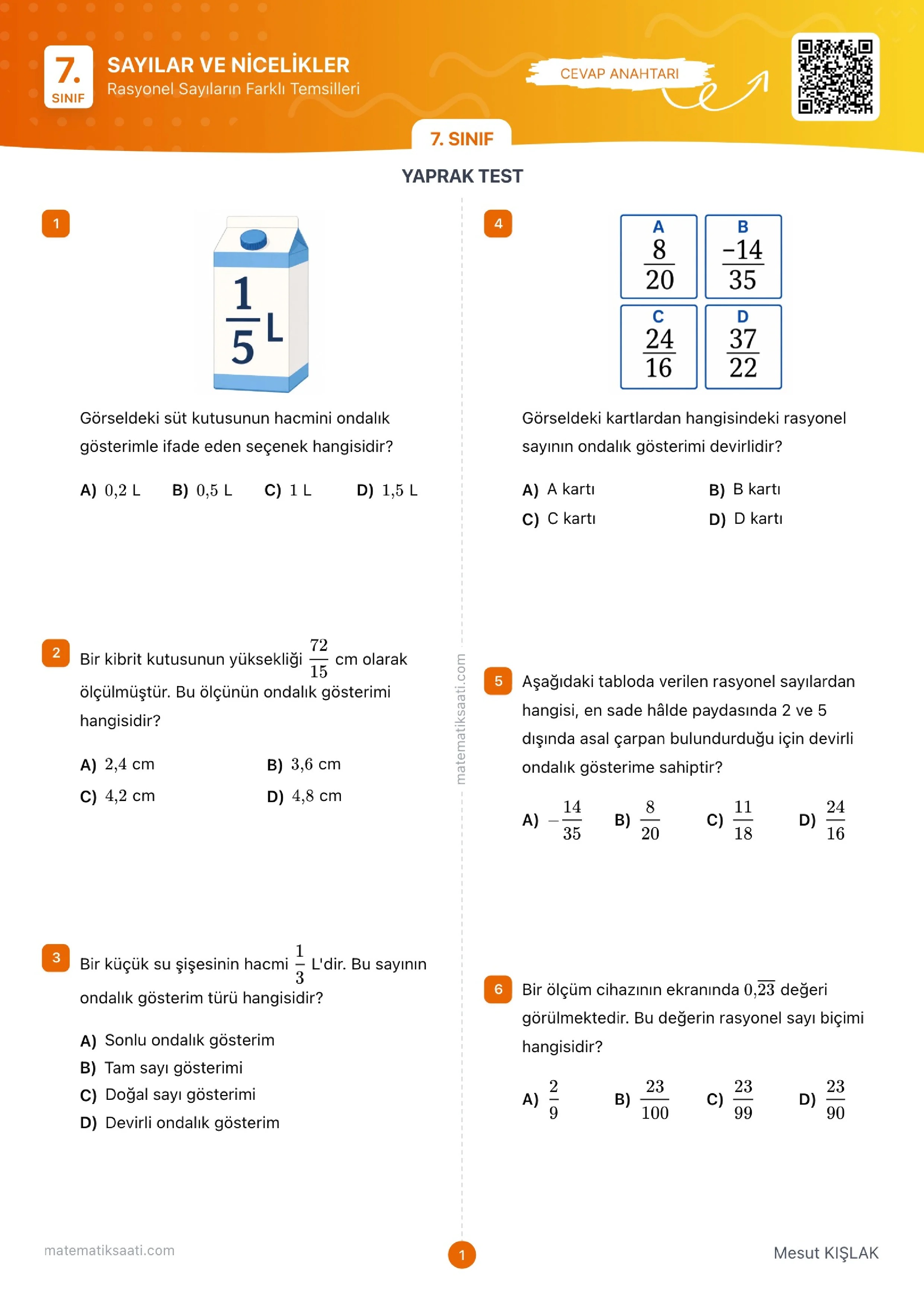 Rasyonel Sayıların Farklı Temsilleri Yaprak Test