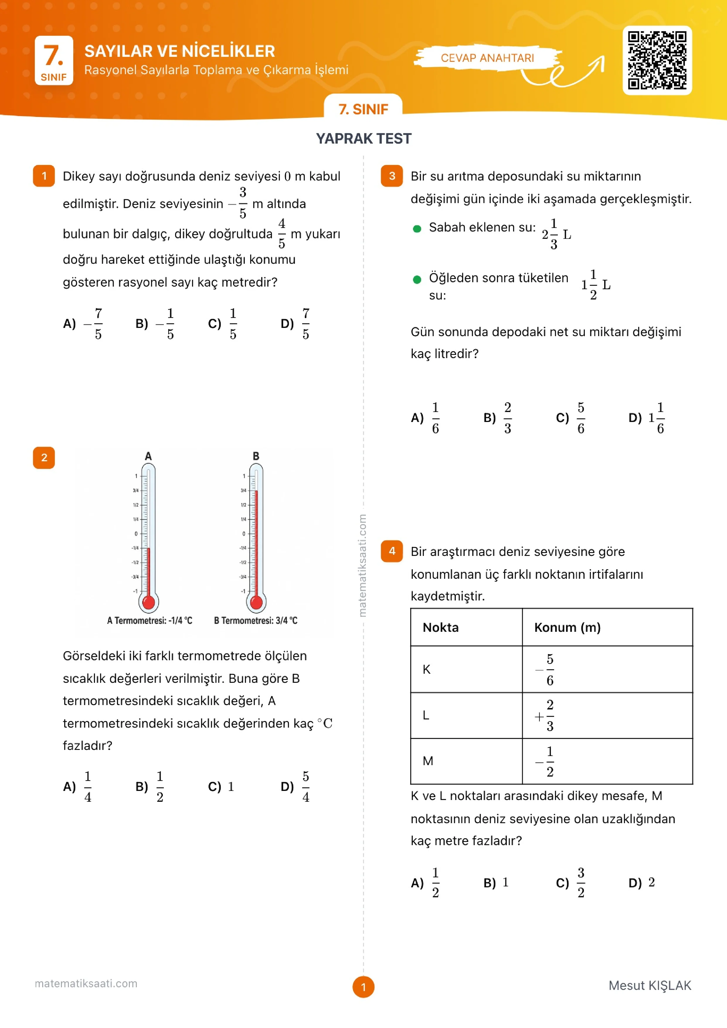 Rasyonel Sayılarla Toplama ve Çıkarma İşlemi Yaprak Test