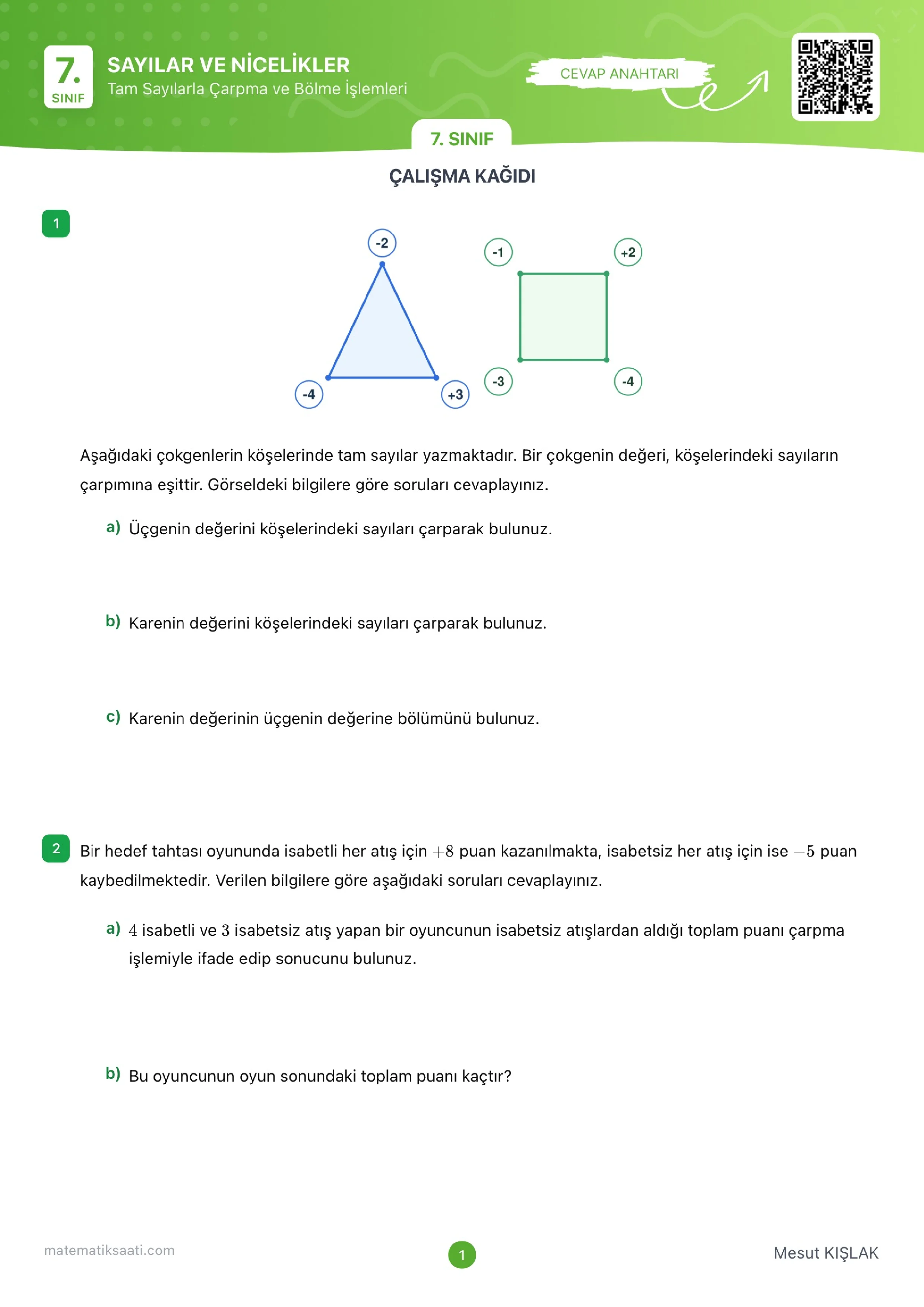 Tam Sayılarla Çarpma ve Bölme İşlemleri Çalışma Kağıdı