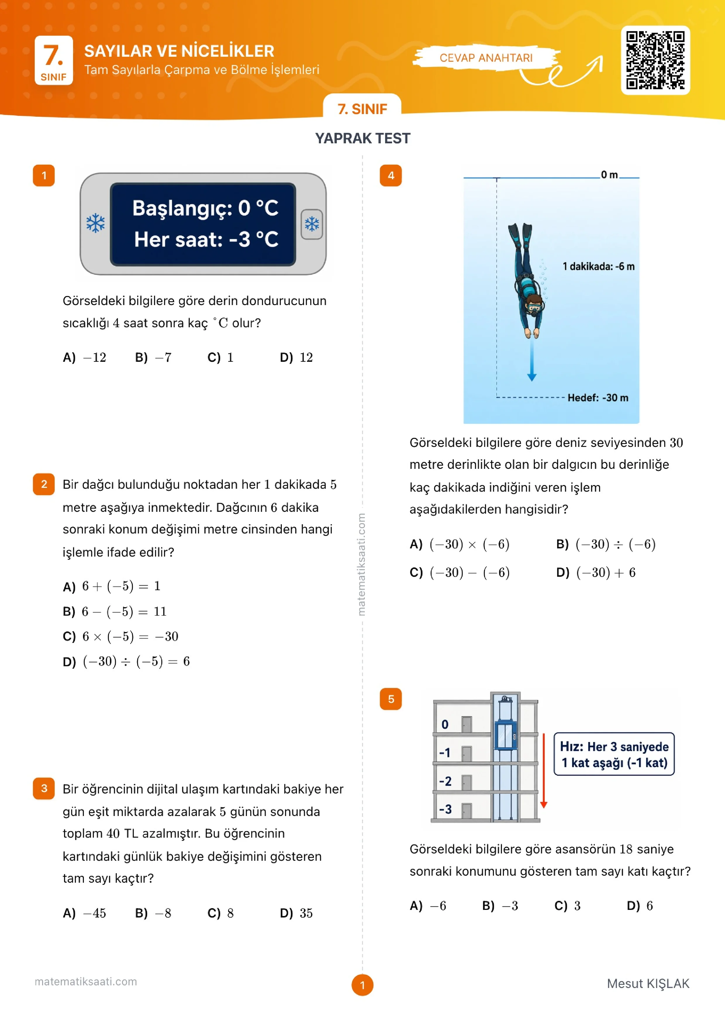 Tam Sayılarla Çarpma ve Bölme İşlemleri Yaprak Test