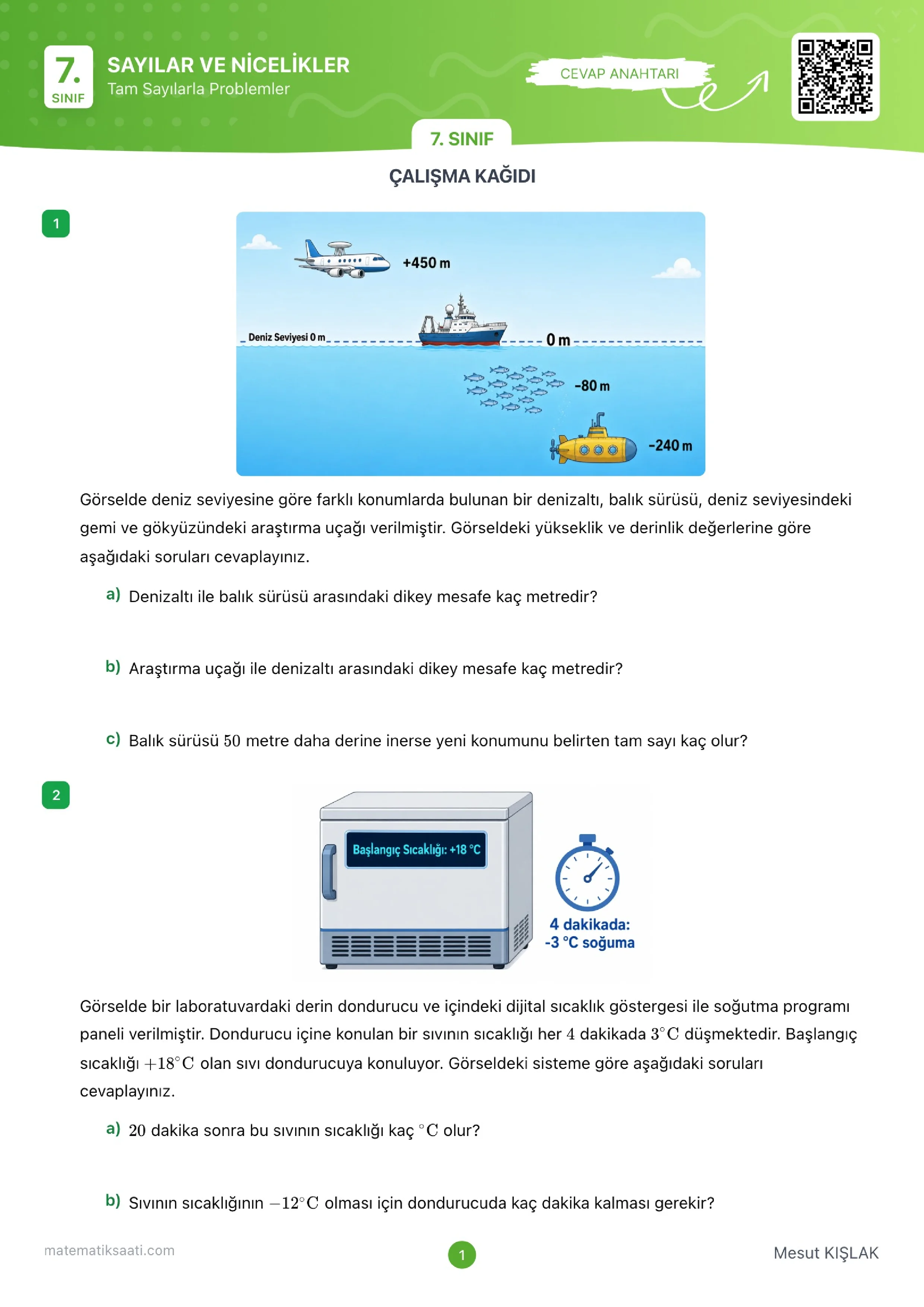 Tam Sayılarla Problemler Çalışma Kağıdı