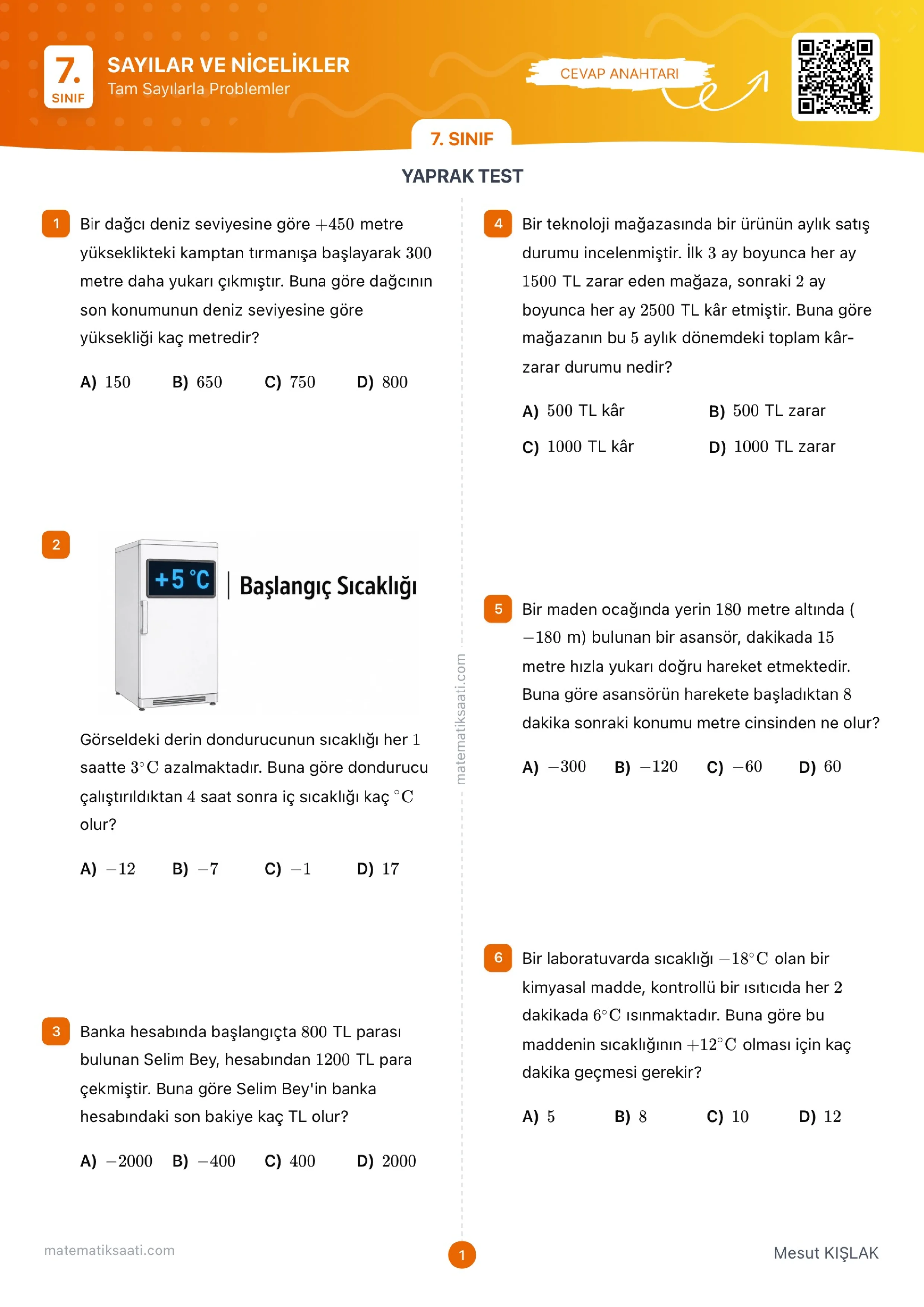 Tam Sayılarla Problemler Yaprak Test