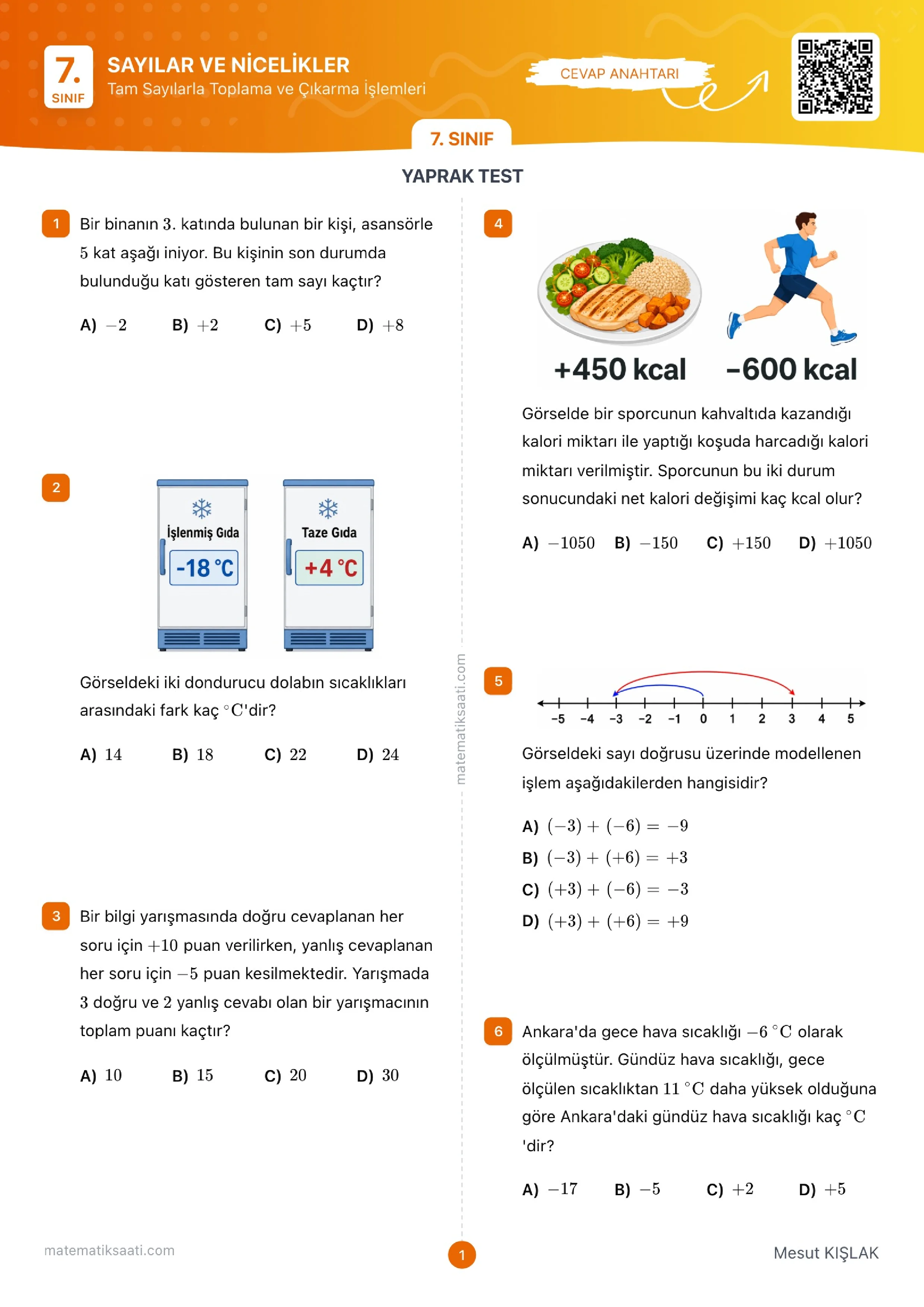 Tam Sayılarla Toplama ve Çıkarma İşlemleri Yaprak Test