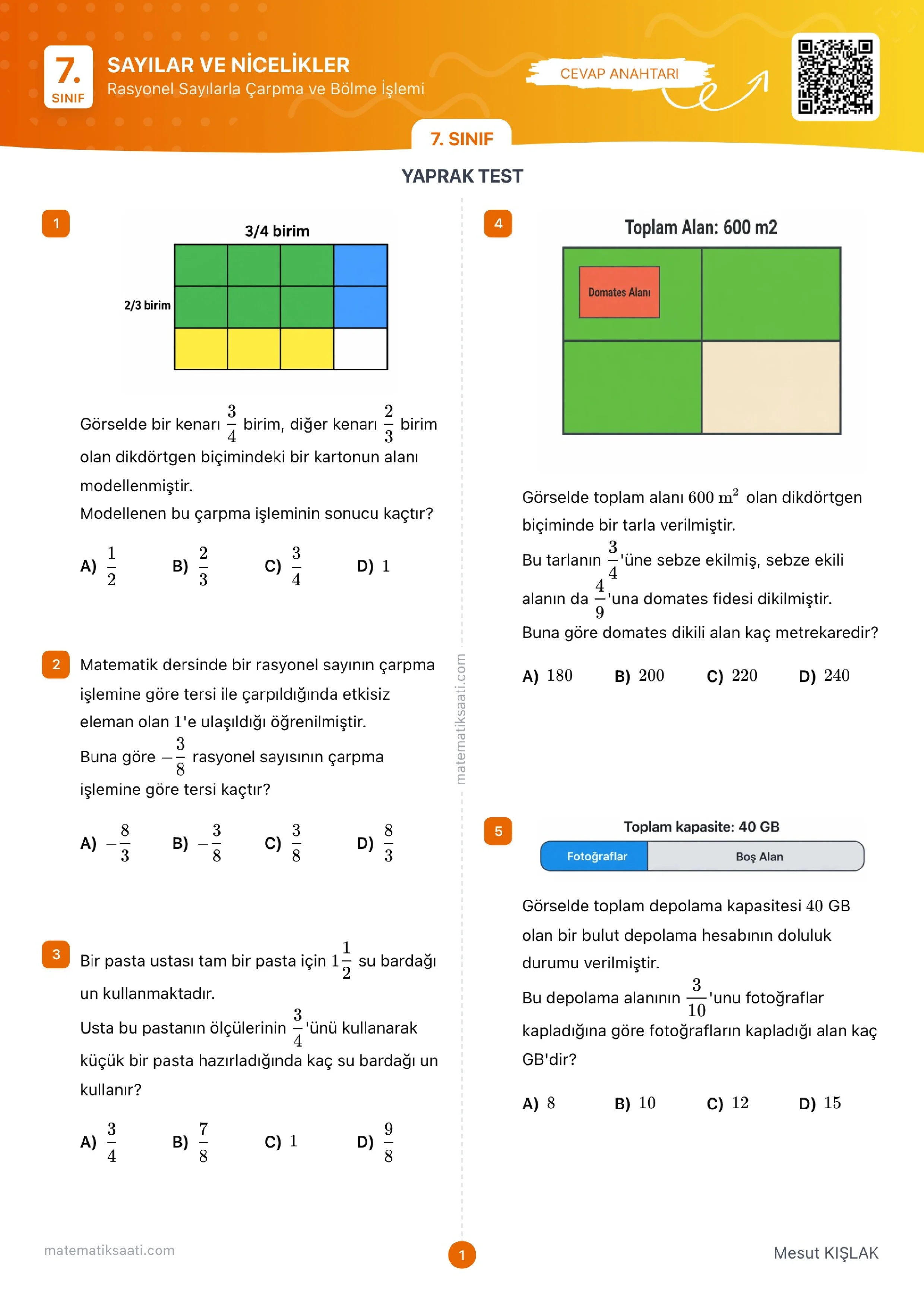 Rasyonel Sayılarla Çarpma ve Bölme İşlemi Yaprak Test